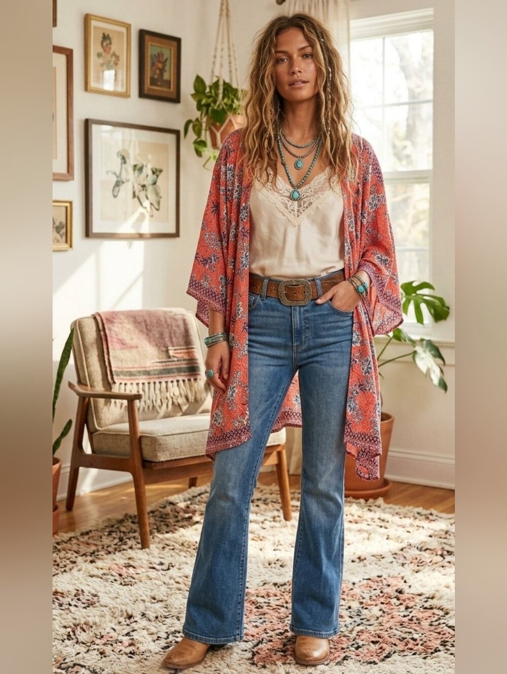 Romantic Boho Western Flowy Kimono Cardigan Wrap Floral Print Coral/ Blue